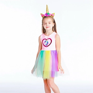 Robe de princesse licorne pour filles avec cœur à paillettes et tulle arc-en-ciel pour Halloween