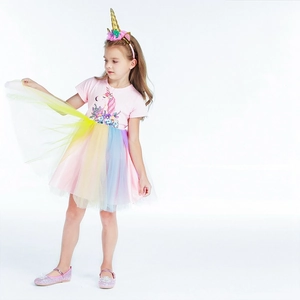 Pink unicorn dress with rainbow mesh skirt, matching headband and glitter shoes set
