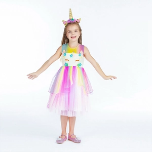 Détails de la robe licorne pour filles avec jupe en tulle arc-en-ciel et fleurs 3D