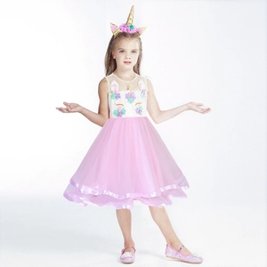 Robe de Princesse Licorne pour Fille Sans Manches en Tulle et Maille pour Fête d'Anniversaire Spectacle en Mélange Coton Polyester