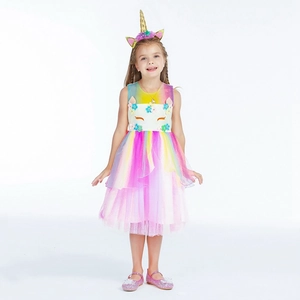 Robe de Princesse Licorne Arc-en-Ciel pour Filles Sans Manches Fleurs 3D Tulle Tutu Robe de Soirée pour Anniversaire Mariage Performance Enfants