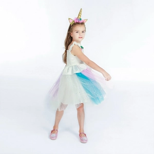 Mädchen Einhorn Prinzessinnen Kostüm mit buntem Tüllrock und Blumen Haarreif Set