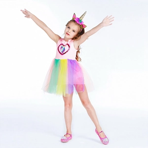 Robe de princesse licorne pour fille avec jupe arc-en-ciel, chaussures et bandeau