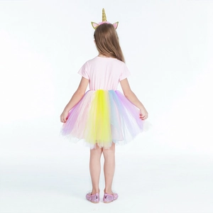 Unicorn kids princess dress with rainbow tulle skirt and unicorn headband on white background