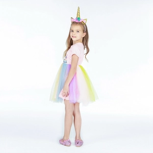 Girl's pink short sleeve unicorn dress with rainbow mesh skirt and floral headband