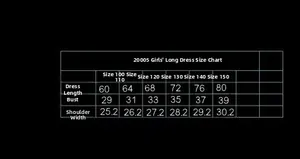 Detailed size chart for girls unicorn rainbow tulle dress with measurements from 100 to 150
