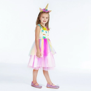 Robe de princesse licorne pour fille avec jupe en tulle arc-en-ciel et bandeau fleuri