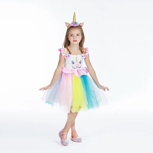 Girls Unicorn Princess Rainbow Tutu Dress With Headband Halloween Party Mesh Patchwork Sleeveless Dress For Toddler Girls