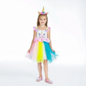Unicorn tutu dress for girls with floral headband and multi-color layered tulle skirt