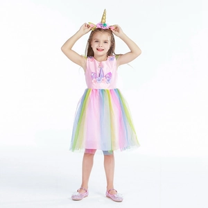 Mädchen Einhorn Prinzessin Kleid Set mit Regenbogen Tüllrock und Blumen Haarband