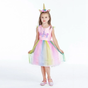 Mädchen Einhorn Prinzessin Kleid Regenbogen Netz Tüll Party Kostüm Mit Stirnband Geburtstag Weihnachten Festliches Gewand