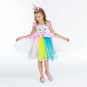 Rainbow unicorn princess tutu dress for girls with floral bodice and matching headband