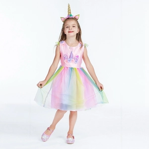 Detailansicht von Mädchen Einhorn-Kleid mit Regenbogen-Tüllrock und Blumenmieder