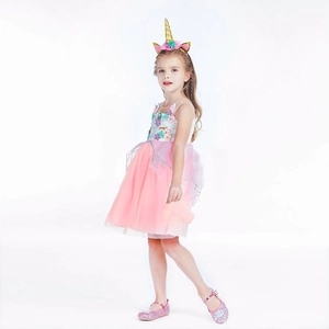 Girl unicorn princess dress with colorful tulle skirt and matching headband for Halloween