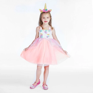 Girls Unicorn Princess Dress With Headband Pink Tulle Layered Skirt Flower Printed Gown For Halloween Birthday Party