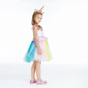 Unicorn princess tulle dress for girls with rainbow tutu and matching floral headband