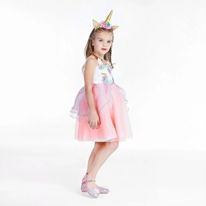 Three-piece girls unicorn costume with floral bodice, tulle skirt, headband and shoes