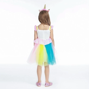 Girl's unicorn princess dress set with colorful rainbow tulle skirt and headband