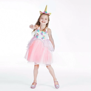 Girls unicorn princess tulle dress with floral bodice and matching gold horn headband