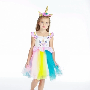 Detailed embroidery of unicorn face and 3D floral accents on children princess dress