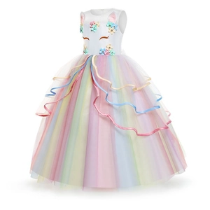 Robe de princesse licorne pour filles avec fleurs 3D et jupe en tulle arc-en-ciel