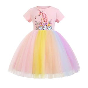 Mädchen Einhorn Regenbogen Netz Prinzessin Kleid Kurzarm Baumwolle Top 3D Blumen Dekoration Geburtstag Party Tutu Kleid