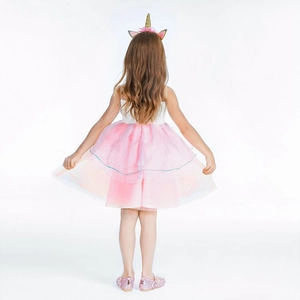 Girls unicorn princess costume with layered pink tulle skirt and floral horn headband