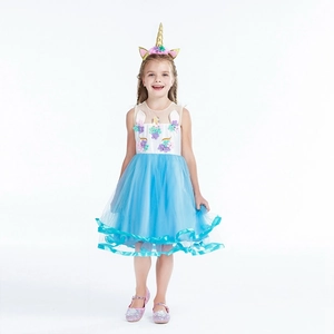 Robe de princesse licorne pour fille en tulle bleu avec serre-tête doré assorti