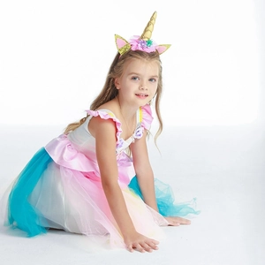 Girl unicorn princess dress with colorful mesh tulle skirt and matching floral headband