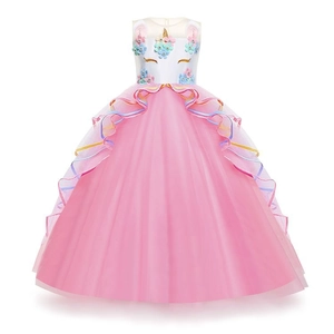 Robe princesse licorne rose pour filles avec broderies fleurs et jupe en tulle multicouche