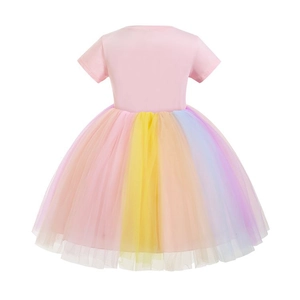 Kurzärmeliges Regenbogen-Tüllkleid für Mädchen mit rosa Baumwoll-Top und gestuftem Netzrock