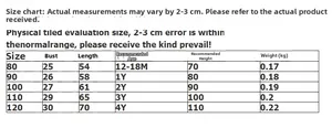 Size chart for girls unicorn princess dress showing measurements and age recommendations