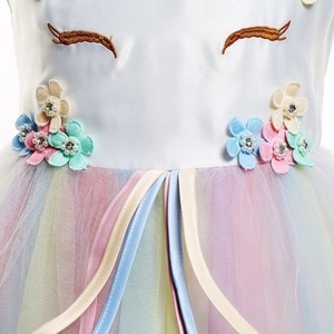 Détails de broderie licorne et fleurs 3D avec perles sur un corsage en satin pour filles