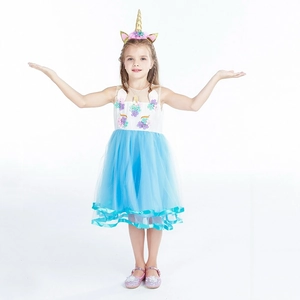 Robe licorne bleue de Noël pour fille avec appliques florales arc-en-ciel et bandeau