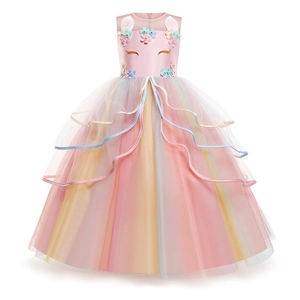 Robe princesse licorne rose pour filles avec jupe en tulle arc-en-ciel et fleurs brodées