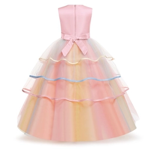 Robe de princesse licorne rose avec jupe en tulle arc-en-ciel et nœud pour demoiselles