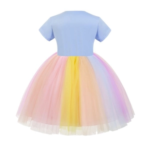 Kurzärmeliges Mädchen Prinzessinnenkleid mit Regenbogen-Tüllrock und blauem Oberteil