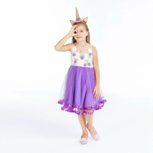 Détails de robe licorne pour fille avec broderie florale 3D et serre-tête assorti