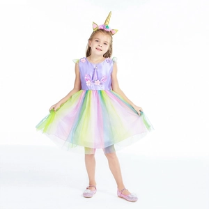 Mädchen Einhorn Prinzessinnenkleid Set mit Regenbogen-Tüllrock und Gold-Stirnband