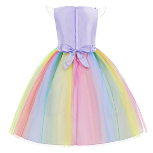 Abito da principessa arcobaleno per bambina con corpino in raso viola e fiocco