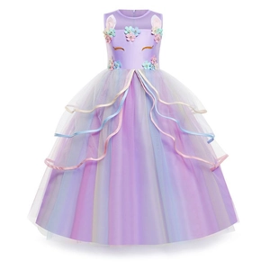 Robe de princesse licorne violette pour fille avec jupe en tulle et broderies fleurs