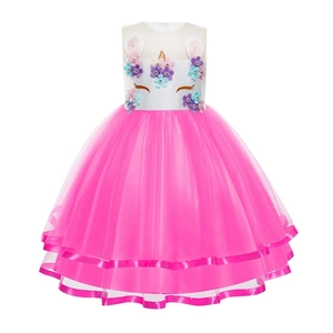 Abito da principessa unicorno per bambine con ricami floreali e gonna in tulle rosa