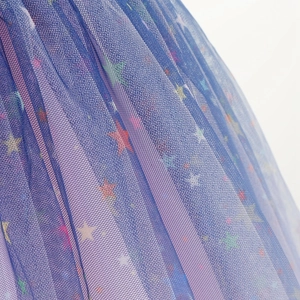Détail du tissu en maille bleu foncé avec des étoiles scintillantes multicolores