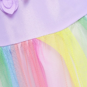 Dettaglio ravvicinato dell'abito tutu arcobaleno da bambina con corpetto a fiori e tulle