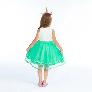 Vue arrière d'une robe de Noël licorne pour fille en maille multicouche blanc et vert