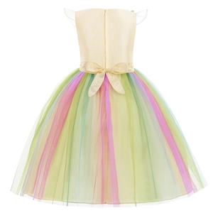 Dettaglio dell'abito in tulle arcobaleno per bambina con fiocco di raso e zip sul retro