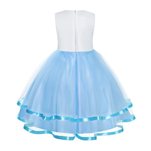Dettaglio dell'abito da principessa con gonna in tulle blu a strati e bordo in nastro