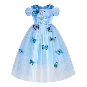 Kids Girls Cinderella Princess Dress Light Blue Mesh Tulle Butterfly Performance Costume Halloween Christmas Party Dress