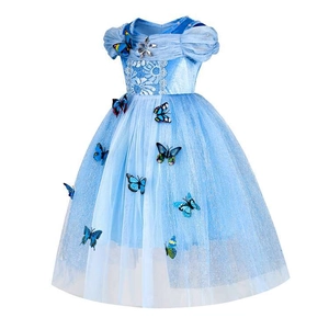 Blue Cinderella princess dress for girls with lace bodice and glittery butterfly tulle