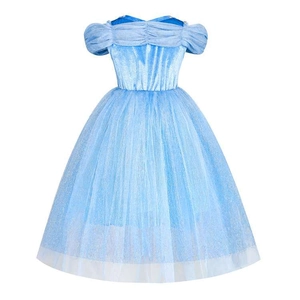 Blue off-shoulder princess puff dress for girls with sequined mesh tulle and glitter